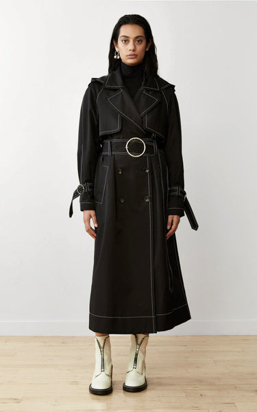 【りんご］_ J.L-A.L_ APERTURE TRENCH BLACK SUSTAINABLE CONTRAST STITCH BLACK TRENCH COAT – CAALO