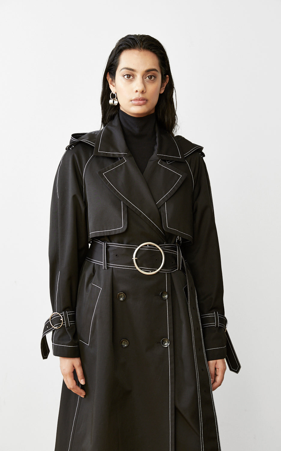 SUSTAINABLE CONTRAST STITCH BLACK TRENCH COAT